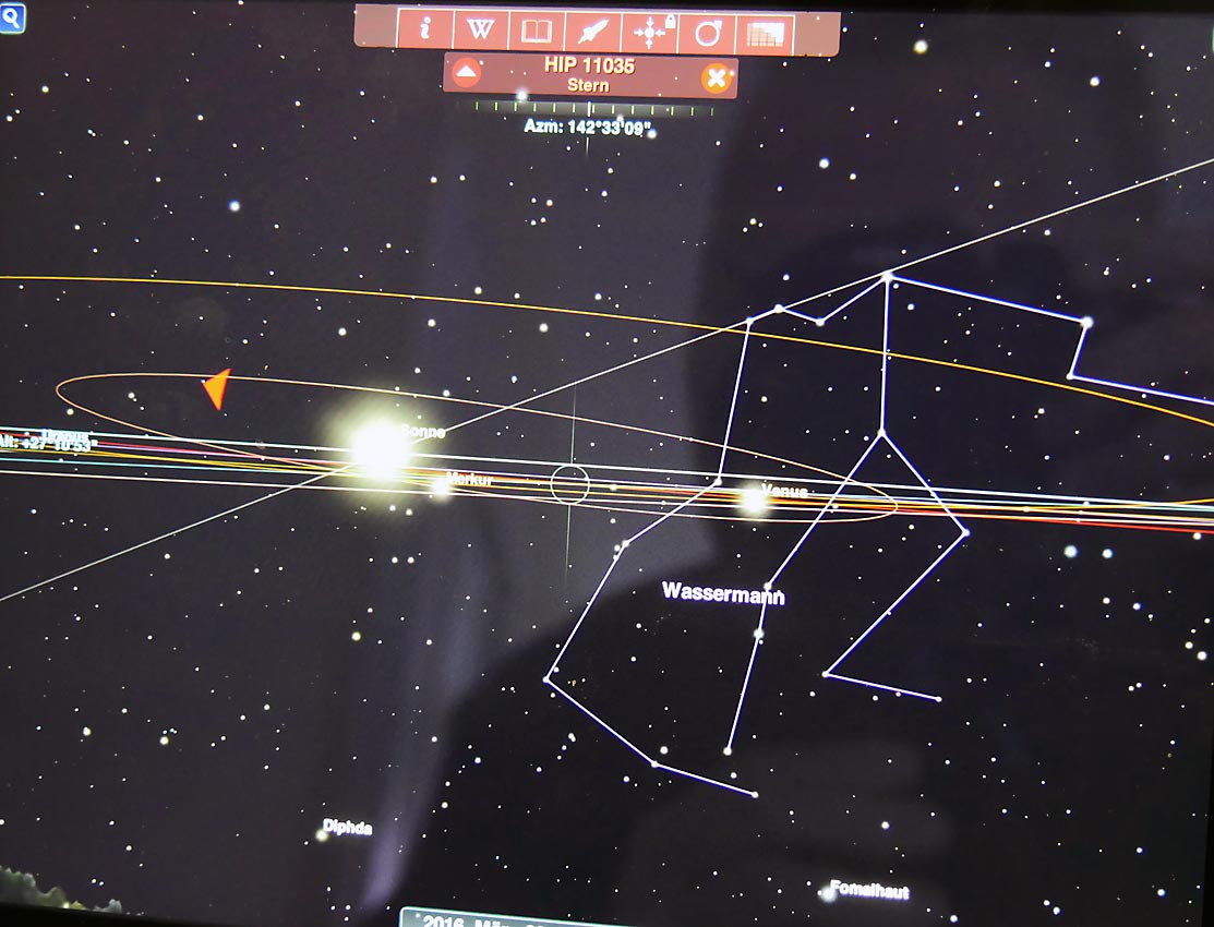 Ohne sich mit Raketen ins All schießen lassen müssen - die iOS-App Redshift Pro erlaubt es Hobbyastronomen und Couch-Astronauten mittels iPad im All zu cruisen. Hier der Himmel über Bad Wildungen am Vormittag des Frühlingsbeginns 2016.