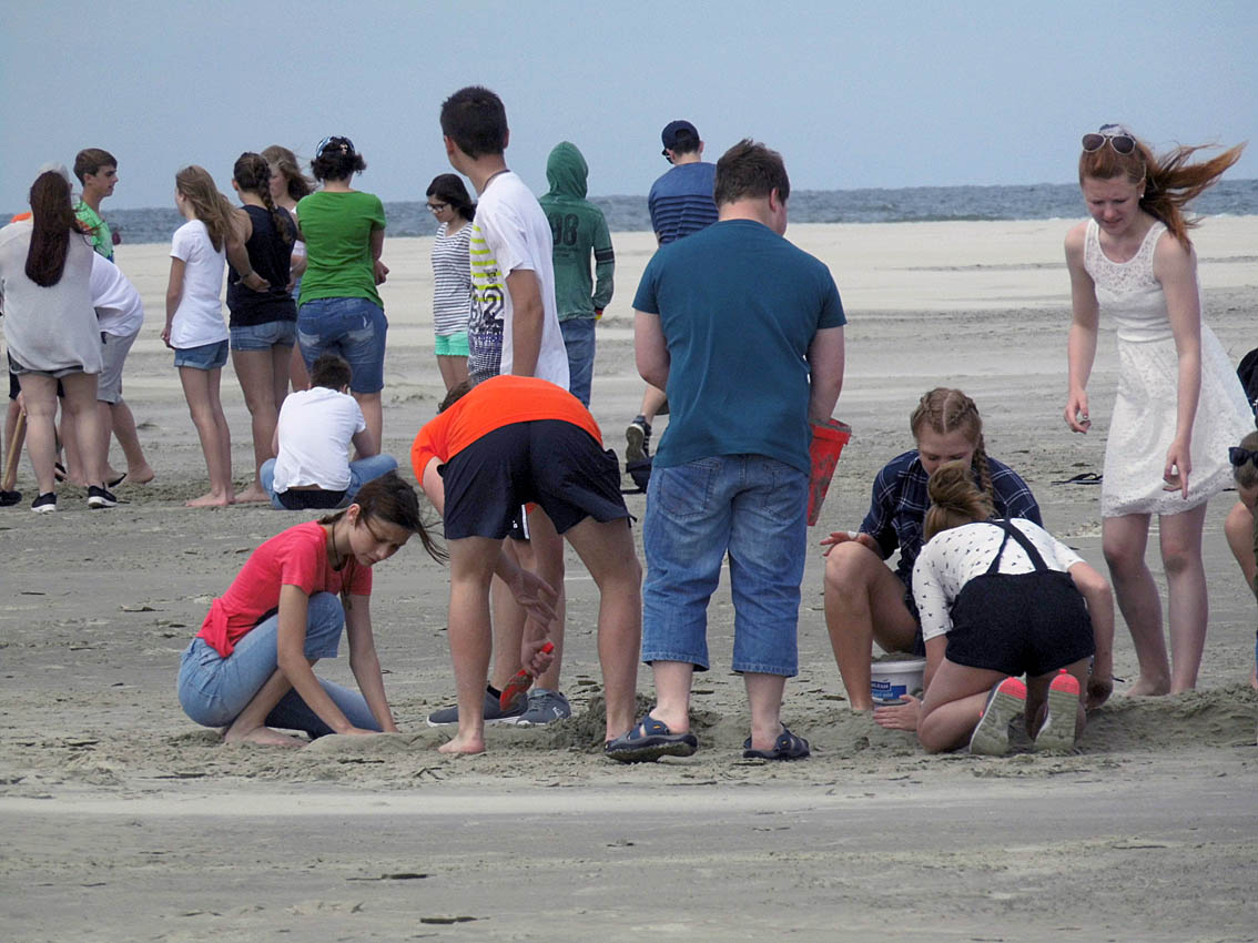 Eine Sandskulptur ensteht mit einem ersten Spatenstich.